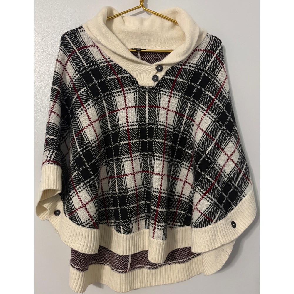 Talbots Plaid Poncho Sweater Shawl Collar Lambswool Blend Cream Black Red Medium